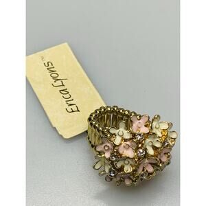 Erica Lyons Pink & White Flower Stretch Ring, Gold Tone with Rhinestones